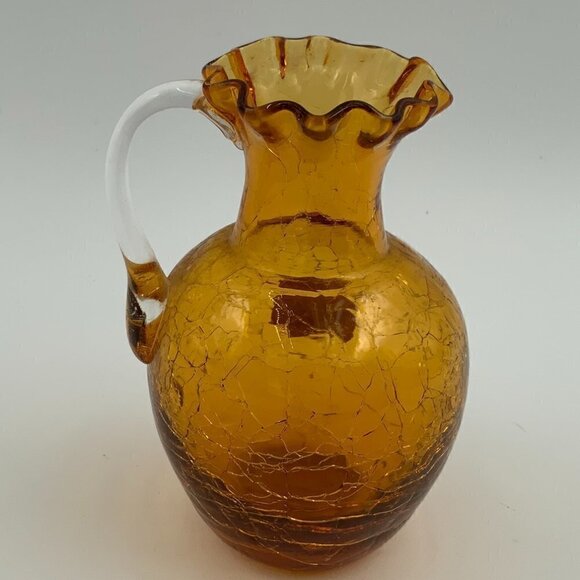 Vintage PILGRIM GLASS Ruffle Top AMBER Crackle 4.5” PITCHER Clear Handle - Picture 2 of 7